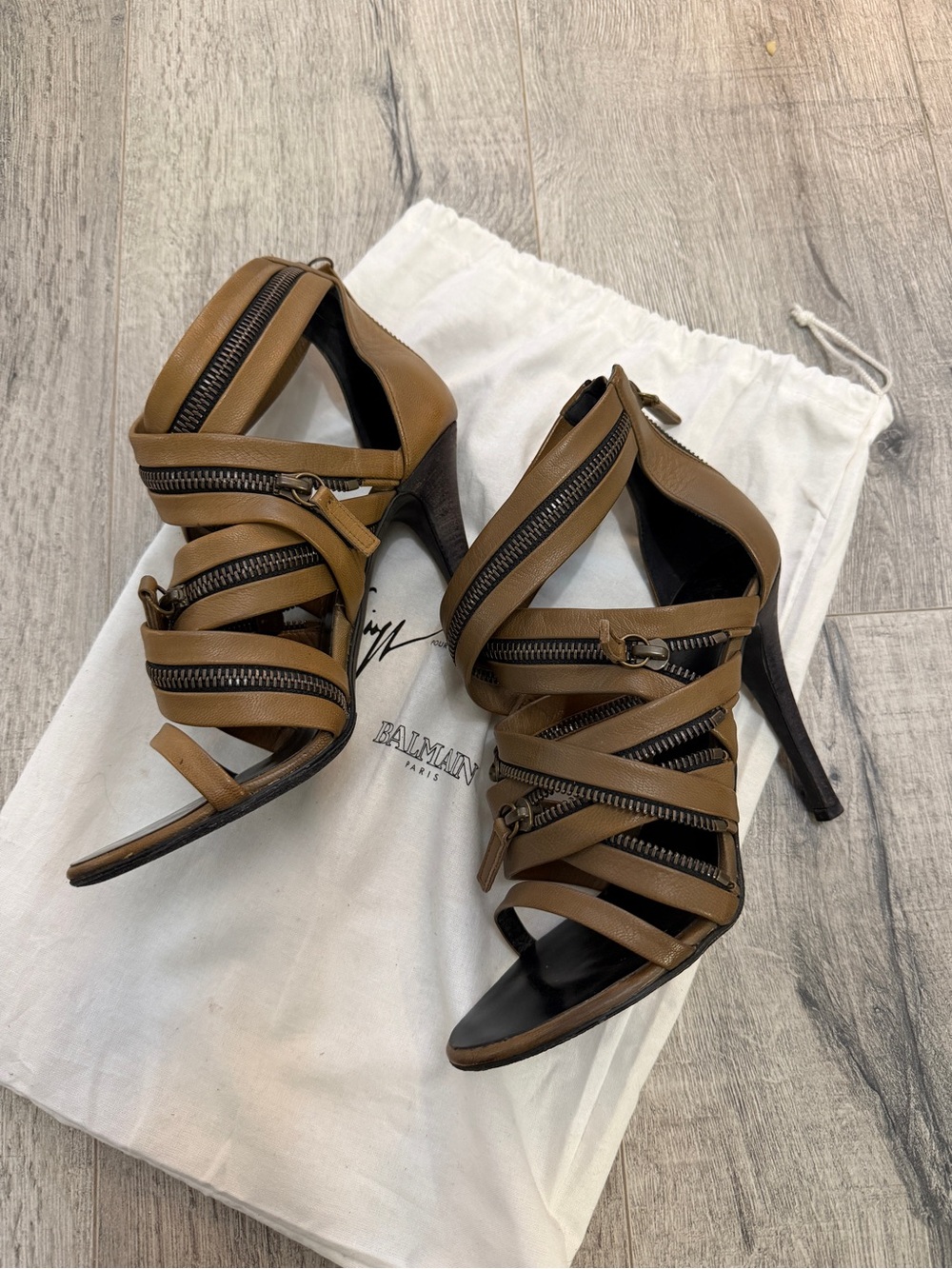 Giuseppe Zanotti X Balmain Brown Leather Zip-Strap High Heel Sandals